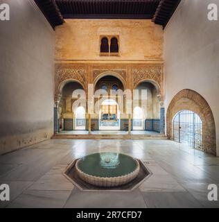 Gilded Room Courtyard (Patio del Cuarto Dorado) at Nasrid Palaces of Alhambra at night - Granada, Andalusia, Spain Stock Photo