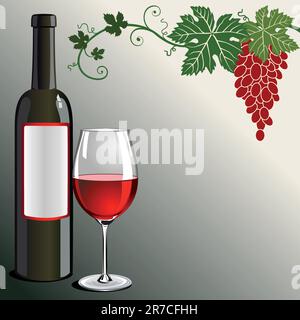 A bottle and glass of red wine and bunch of grapes on a green background with space for your design or text. Stock Vector