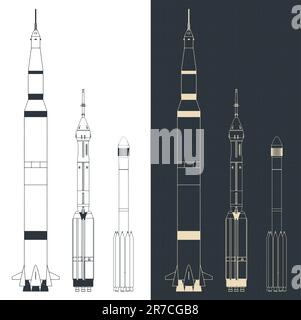 Stylized vector illustrations of blueprints of launch vehicles Stock Photo