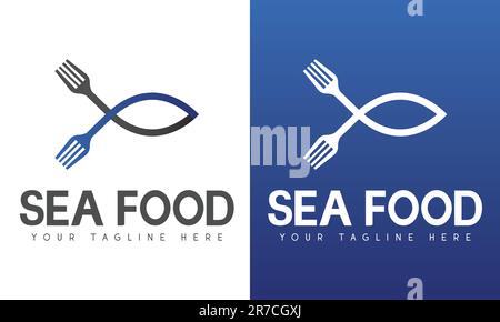 Sea Food Logo Design Blue Fish Eating Fork and Spoon Logotype 3D Gradient Stock Vector