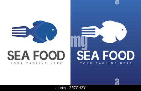 Sea Food Logo Design Blue Fish Eating Fork and Spoon Logotype 3D Gradient Stock Vector