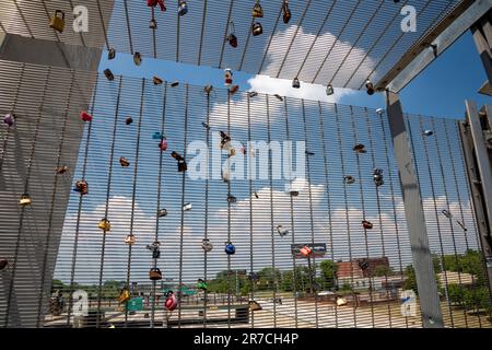 Detroit, Michigan - Love locks on the Bagley Pedestrian Bridge over Interstate 75 in the Mexicantown neighborhood. Stock Photo