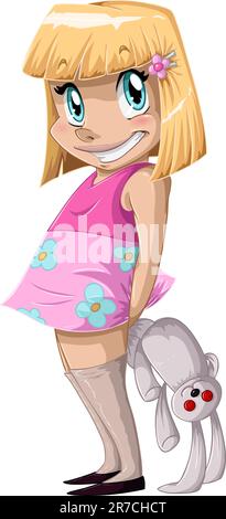 A Vector illustration of a little girl in a pink dress holding a stuffed rabbit doll behind her back and smiling. Stock Vector