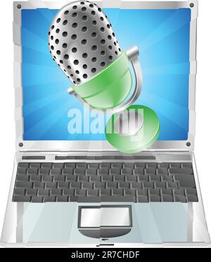 A microphone flying out of laptop screen. Concept for anything relating to online or computer recordings or music Stock Vector