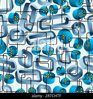 Innovation technology seamless pattern. Abstract vector repeat background with 3d shapes connected by wires. Stock Vector