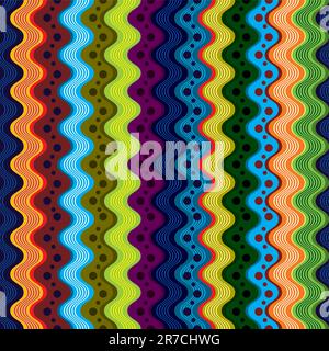 Geometric wavy lined and dotted seamless pattern. Vector abstract repeat background. Bright and multicolored, useful and positive. Stock Vector