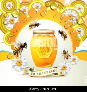 Bees and honeycombs over floral background with drops Stock Vector