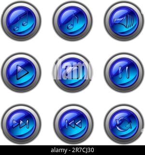 Icons - buttons on the musical theme (for music player) in blue colours Stock Vector