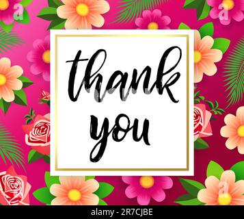 Thank you, handwritten card with flowers and leaf. Vector quotes for banner or poster Stock Vector