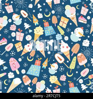 seamless pattern of ice cream snowmen and presents a dark blue background Stock Vector