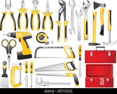 Full-color hand work tools and toolbox icon set Stock Vector