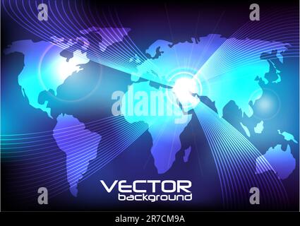 Abstract Background - World Maps and Glowing Fibers on Blue Gradient Background Stock Vector