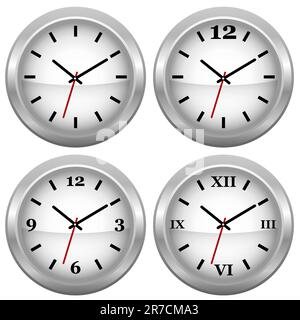 Set of Silver Wall Clock With Different Clock-Faces Stock Vector
