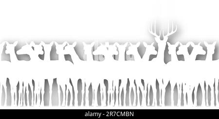 Editable vector cutout silhouette of a herd of deer with background shadow made using a gradient map Stock Vector