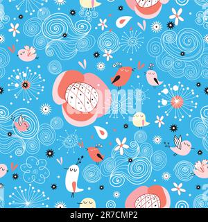 Seamless red floral pattern with birds on a blue background with clouds Stock Vector