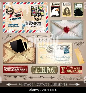 Vintage Postage Design Elements - set of various detailed post stamps and postage illustrations fully editable. Stock Vector