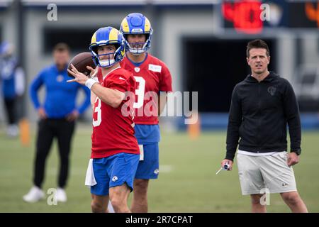 Los Angeles Rams quarterback Stetson Bennett (13) passes the ball during an  NFL preseason game. The Chargers defeated the Rams 34-17 on Saturday, Aug  12, 2023 in Inglewood, Calif. (Ed Ruvalcaba/Image of