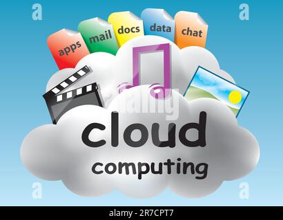 Cloud computing concept based on the idea of the abstract location of data and abstract computing somewhere in the clouds Stock Vector