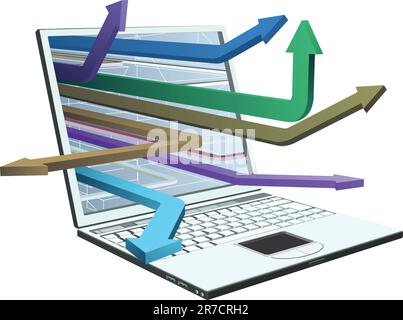 A laptop with arrows coming out of syberspace concept design. Stock Vector