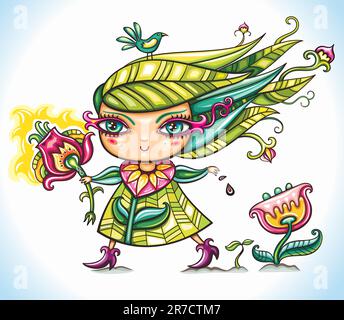 Beautiful Spring Flower Girl waking up Nature, throwing floral seeds on the ground, bringing life. Stock Vector
