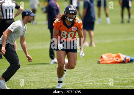 Denver Broncos tight end Greg Dulcich (80) in the first half of an