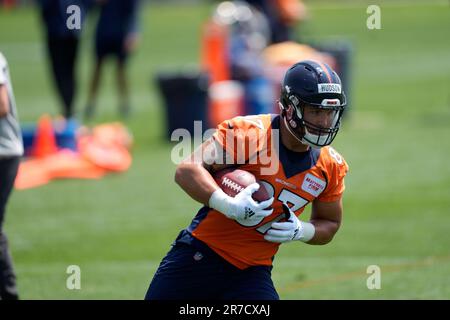 Denver Broncos tight end Tommy Hudson takes part in drills during an NFL  football rookie mini camp Saturday, May 13, 2023, at the team's  headquarters in Centennial, Colo. (AP Photo/David Zalubowski Stock