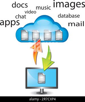 Cloud computing concept with different types of documents stored in the cloud Stock Vector
