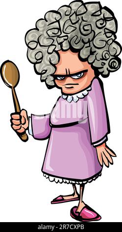 Cartoon Angry old woman with a wooden spoon. Isolated Stock Vector