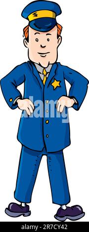 Cartoon policeman with hands on hips. Isolated on white Stock Vector