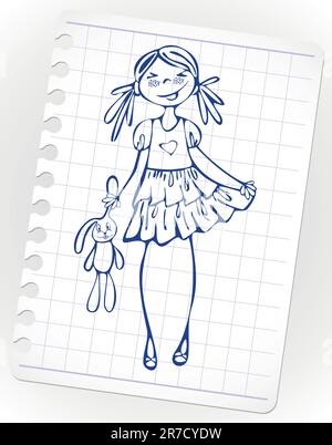 Hand-drawn fashion smile girl. Vector doodles on lined paper. Sketchy illustration of a cartoon girl model. Stock Vector