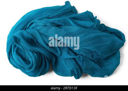 blue women's shawl or scarf isolated on white background, pattern of fabric soft and cozy, close-up taken straight from above Stock Photo