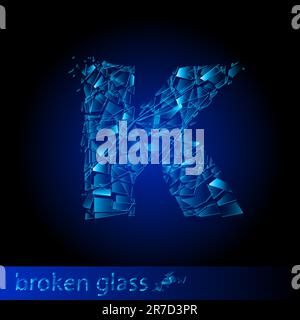 One letter of broken glass - K. Illustration on black background Stock Vector