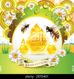 Bees and honeycombs over floral background with drops Stock Vector