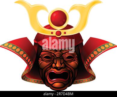 An illustration of a fearsome red and yellow samurai mask Stock Vector