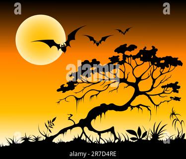 halloween background with bats and silhouette of tree by moon night Stock Vector