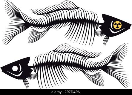 dead fishes with radioactive symbol, vector illustration Stock Vector