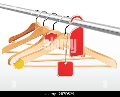 Wooden hangers with sale tags and stickers. Vector illustration. Stock Vector