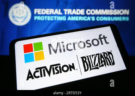 Ukraine. 15th June, 2023. In this photo illustration, Microsoft and Activision Blizzard logos are seen on a smartphone and Federal Trade Commission (FTC) logo on a pc screen. Credit: SOPA Images Limited/Alamy Live News Stock Photo