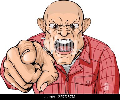 An angry man with shaved head shouting and pointing Stock Vector