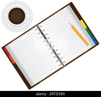 Open Organizer / Notebook With Pencil and Espresso Coffee Stock Vector