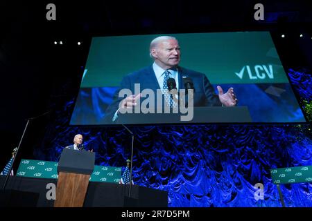 Washington, Vereinigte Staaten. 14th June, 2023. United States President Joe Biden speaks during the League of Conservation Voters annual Capital Dinner at The Anthem in Washington, DC on Wednesday, June 14, 2023. Credit: Bonnie Cash/Pool via CNP/dpa/Alamy Live News Stock Photo