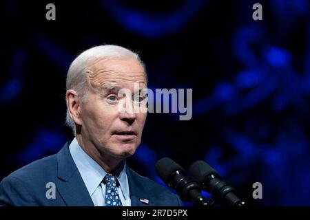 Washington, Vereinigte Staaten. 14th June, 2023. United States President Joe Biden speaks during the League of Conservation Voters annual Capital Dinner at The Anthem in Washington, DC on Wednesday, June 14, 2023. Credit: Bonnie Cash/Pool via CNP/dpa/Alamy Live News Stock Photo