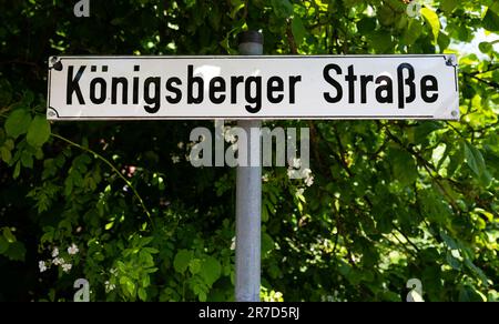 Rosengarten, Germany. 08th June, 2023. 'Königsberger Straße' is written on a street sign on the grounds of the open-air museum. An original refugee settlement house from 1955 in the Kiekeberg Museum shows the needs of displaced persons and challenges of the post-war period. A kitchen garden and a stable for pigs and chickens ensured income. (to dpa 'Displaced people found new home - museum shows life in the 50s') Credit: Philipp Schulze/dpa/Alamy Live News Stock Photo