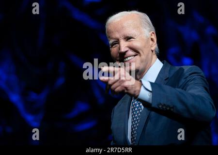 Washington, Vereinigte Staaten. 14th June, 2023. United States President Joe Biden speaks during the League of Conservation Voters annual Capital Dinner at The Anthem in Washington, DC on Wednesday, June 14, 2023. Credit: Bonnie Cash/Pool via CNP/dpa/Alamy Live News Stock Photo