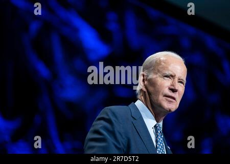 Washington, Vereinigte Staaten. 14th June, 2023. United States President Joe Biden speaks during the League of Conservation Voters annual Capital Dinner at The Anthem in Washington, DC on Wednesday, June 14, 2023. Credit: Bonnie Cash/Pool via CNP/dpa/Alamy Live News Stock Photo