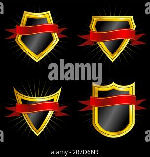 Set of Golden Shields With Dark Red Ribbons Stock Vector