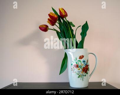 A white porcelain jug containing a bouquet of red and yellow tulips on a wooden table. Horizontal image with copy space Stock Photo