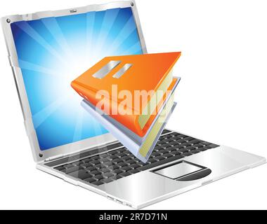 Book icon coming out of laptop screen concept for e books, reader apps,  online database, e learning. Stock Vector