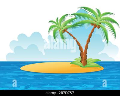 tropical palm on island with sea waves Stock Vector