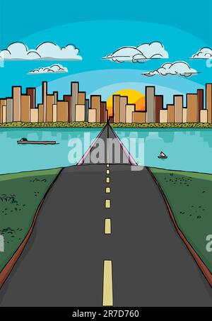 Long road over a hill leads to a city Stock Vector